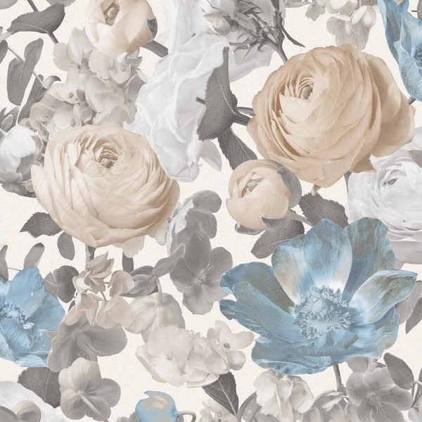 Tapeta Florystyczna Beżowo Biało Niebiesko Szare Kwiaty Rosalinda Sintra 386019 - Sklep z Tapetami na ścianę Tapetydekoracje.pl